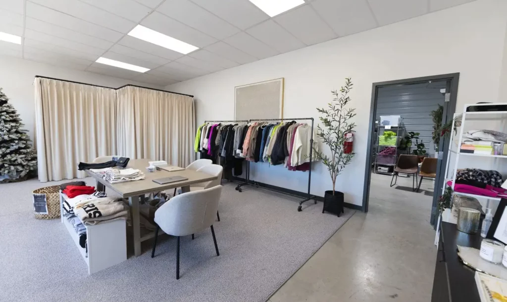 Interior of rental space for a business with clothing