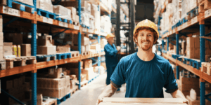 A man wearing a hard hat, carrying a box and smiling in a warehouse