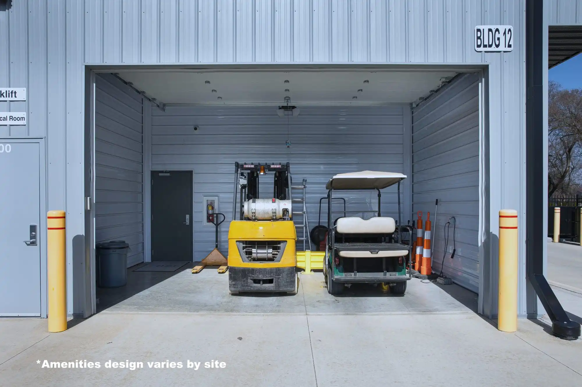 Forklift amenity parked in a garage