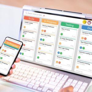 A computer screen showing tasks that are to be done, in progress, in testing, and complete
