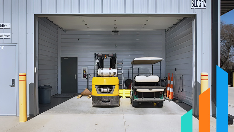 fork lift, pallet jack and golf cart parked inside a warehouse rental unit