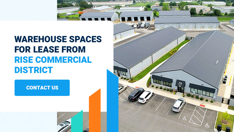 warehouse spaces for lease from RISE Commercial District CTA Graphic