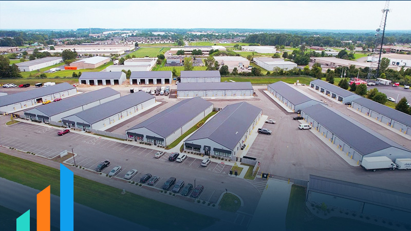 aerial view of RISE Commercial District's small warehouse spaces